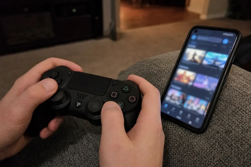 Händer håller en spelkontroll bredvid en mobil med suddig appbutik, tema Epic Games Store utveckling i vardagsrummet.