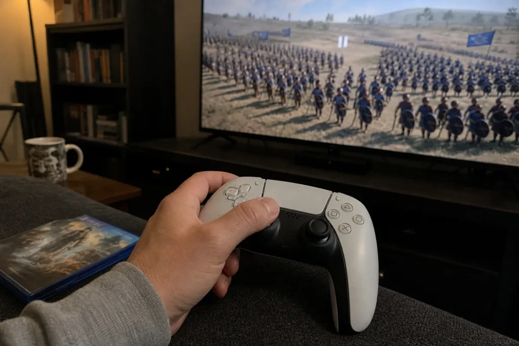 Hand vilar på tv-spelskontroll framför pausad skärm med Total War Warhammer 40000, varmt rumsljus i bakgrunden