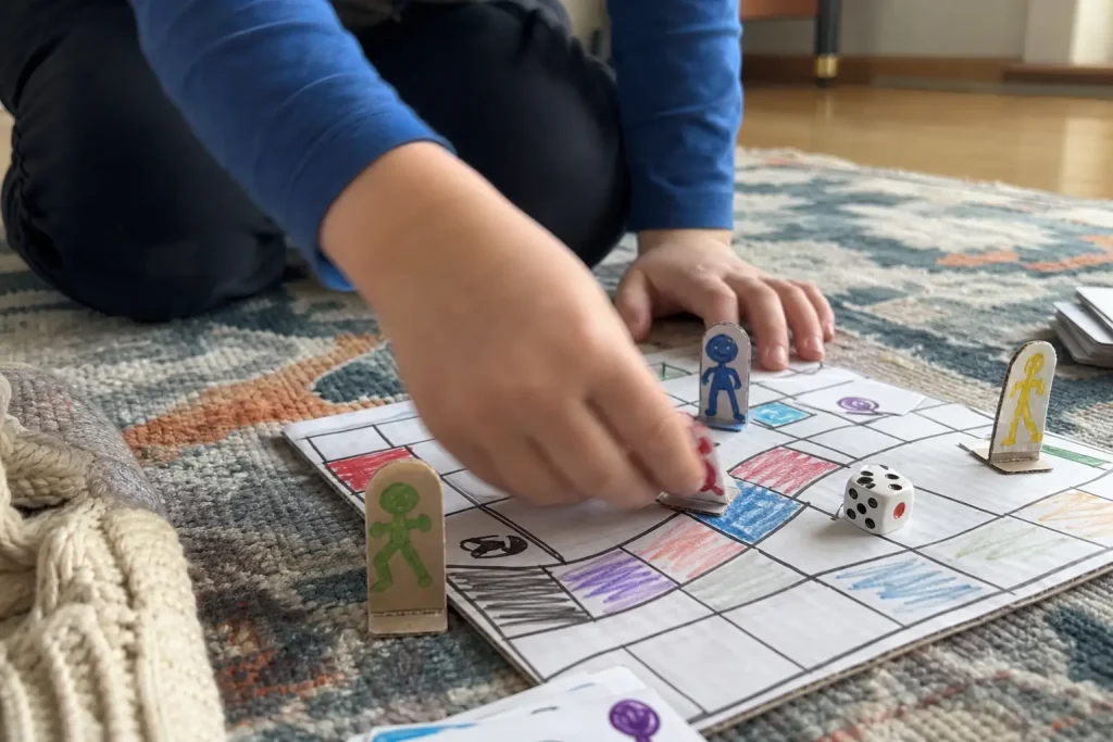 Barnhänder flyttar spelpjäser på en matta, ett av flera bäst i test spel att prova hemma