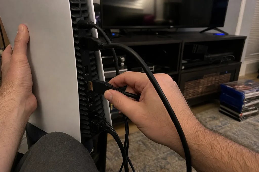 Händer kopplar ur HDMI-kabeln från en spelkonsol i vardagsrummet efter nyheter om GTA VI release
