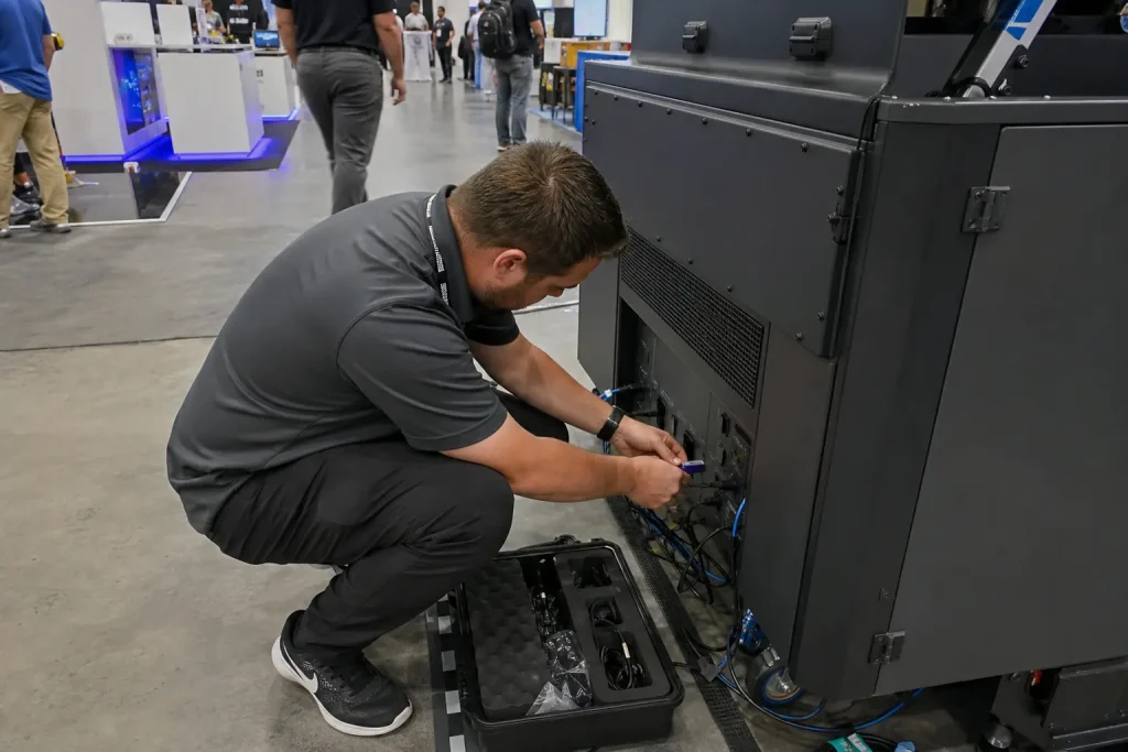 Tekniker kopplar ur ett USB-minne från en mässkärm på Gamescom, i samband med rapporter om stölder Gamescom.