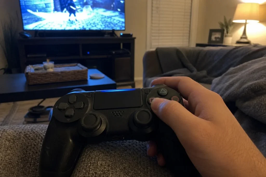 Handhållen spelkontroll i soffan med tv-skenet över skärmen, en paus under Arc Raiders expeditioner
