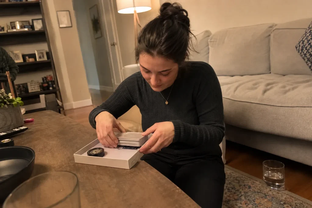 Person sorterar spelkort och timer i en låda inför spelkväll, ett exempel på bäst i test spel