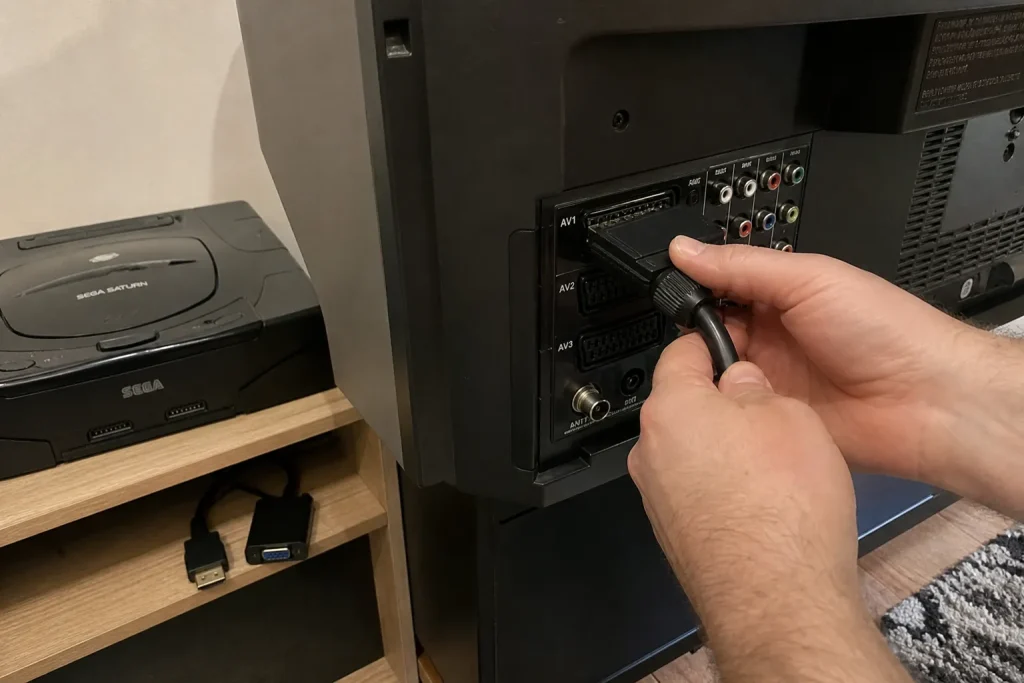 Ett par händer kopplar en SCART-kabel till en äldre tv bredvid en Sega Saturn, del av retrospel Dreamcast Saturn.