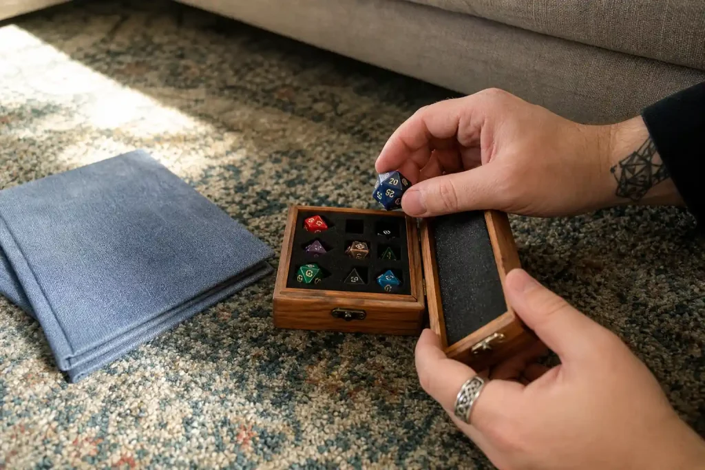 Ett par händer lägger tillbaka polyedertärningar i en trälåda efter en omgång Warlock Dungeons Dragons spel