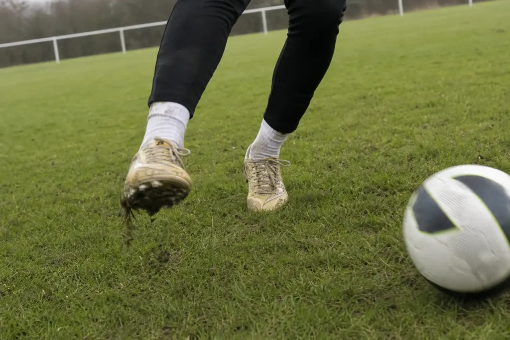 Närbild på ett par leriga fotbollsskor mitt i steget på gräsplan, tagen under träning med svenska damfotbollsspelare.