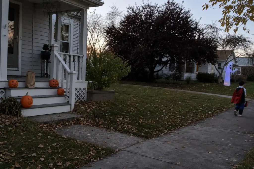 Halloween-utsmyckad veranda i skymning med utskurna pumpor och ett barn i utklädnad som går mot trottoaren.