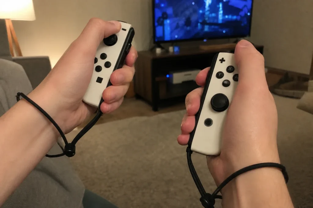 Händer håller vita Joy-Con-kontroller med handledsrem under ett parti Nintendo Switch Sports Resort i vardagsrummet.