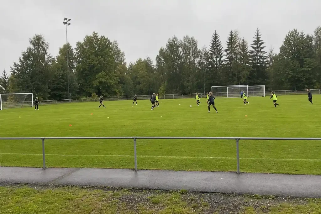 Svenska damfotbollsspelare tränar på gräsplan en mulen dag, fotograferat på avstånd från sidlinjen.