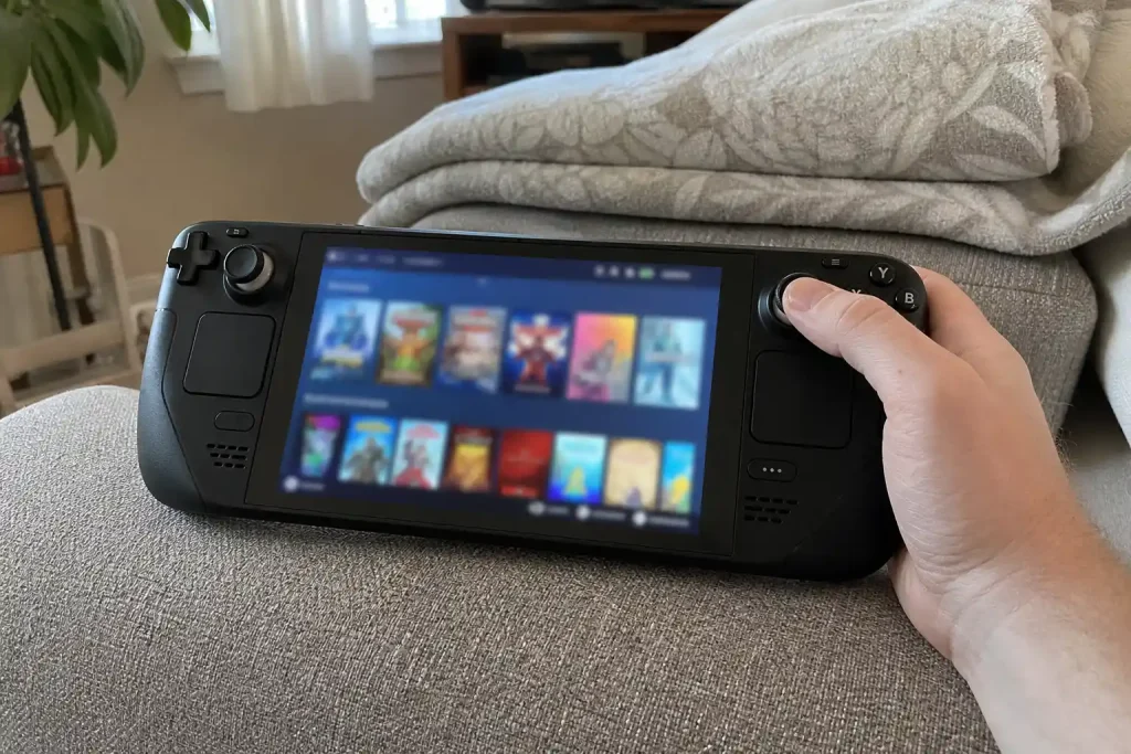 Handhållen spelkonsol med färgglad menyskärm i soffan, dokumenterad inför Netflix Games nedläggning