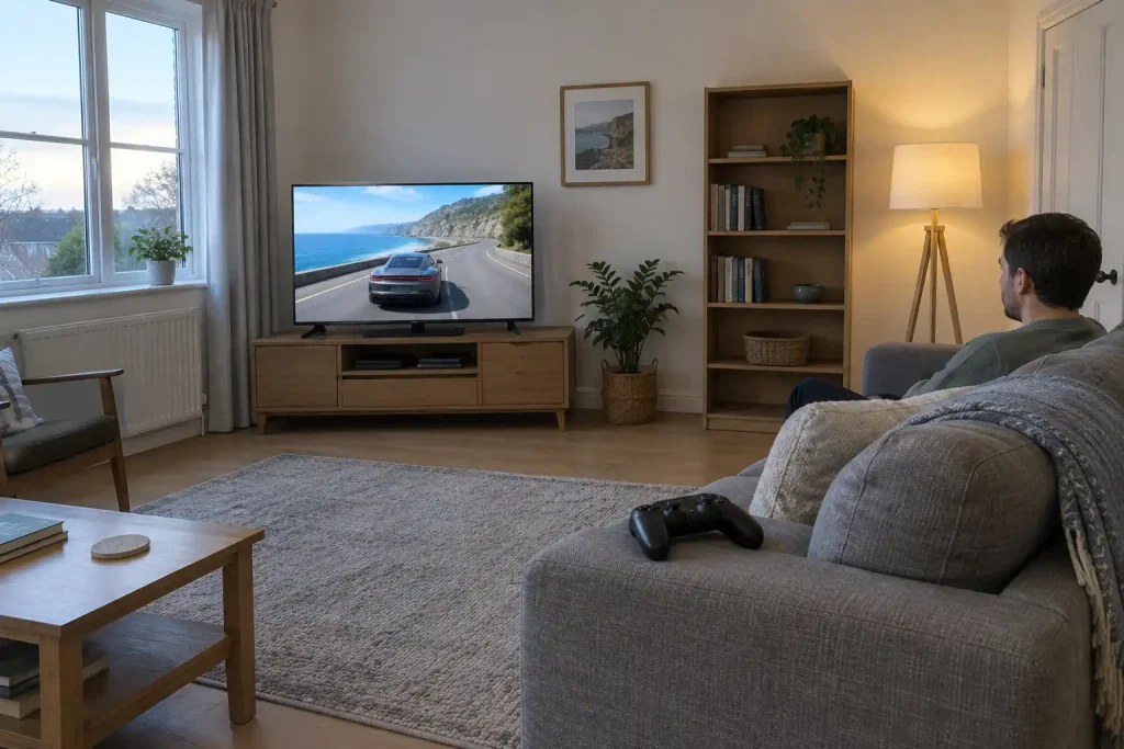 Man spelar bilspel i vardagsrummet, perfekt för en Gran Turismo 7 uppdatering