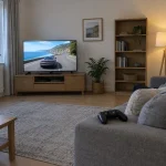 Man spelar bilspel i vardagsrummet, perfekt för en Gran Turismo 7 uppdatering