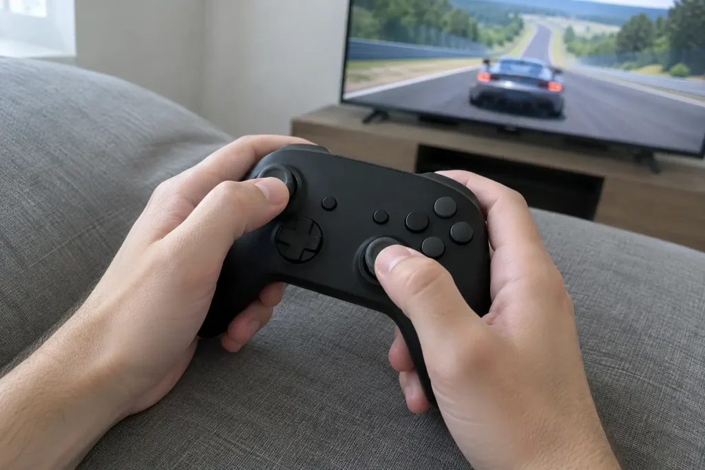Händer håller en handkontroll medan Gran Turismo 7 uppdatering väntar pausad på tv:n