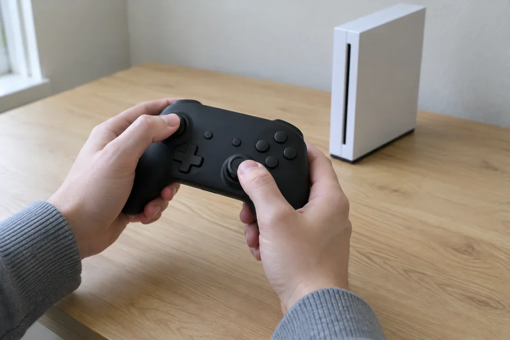 Händer håller en svart handkontroll vid köksbänk, Vad är den billigaste nya spelkonsolen du kan köpa 2026?