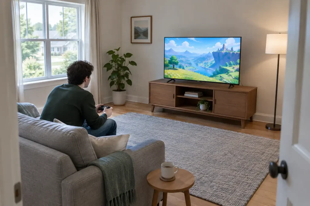 Person spelar på tv i ett ljust vardagsrum, ett vanligt spelkvällsögonblick för Xbox Mythic Achievements