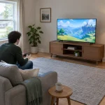Person spelar på tv i ett ljust vardagsrum, ett vanligt spelkvällsögonblick för Xbox Mythic Achievements